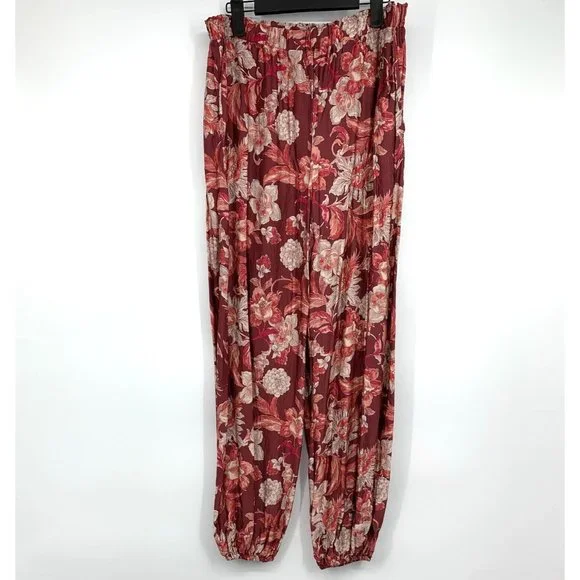Zara Jogger Pants Floral Print Red Pull On High Rise - Picture 3 of 13